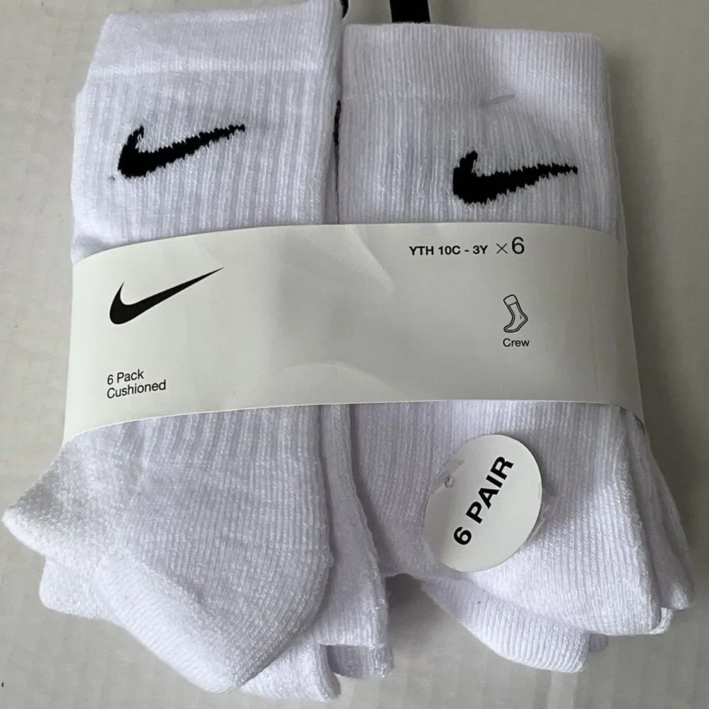 NIKE Boys Cushioned Crew Socks (6 Pairs) Sz 5-7 Fits Youth Shoe Sz 10C-3Y White
